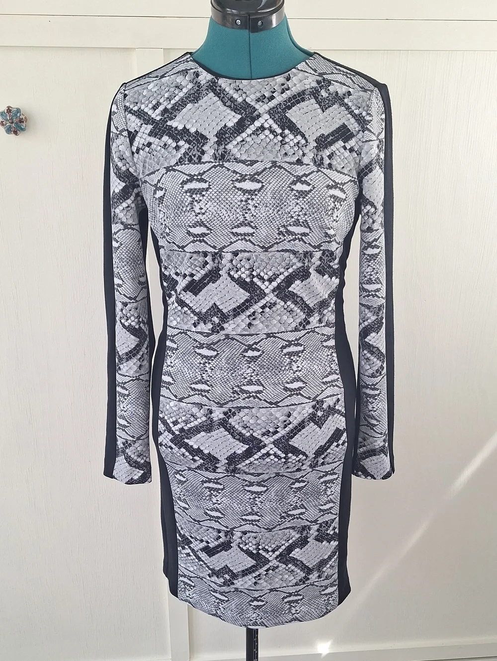 Michael Kors Black & White Snake-Print Long Sleeve Sheath Dress with Side Panels
